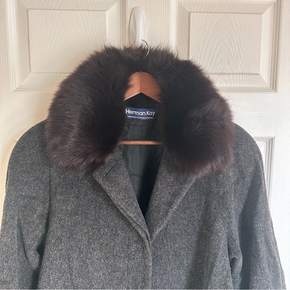 Vintage Fox Fur Collar Gray Wool Maxi Coat Size Large Herman Kay Long Trench - Picture 2 of 12